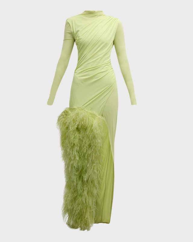 Feather Draped Lightweight Matte Jersey Maxi Dress